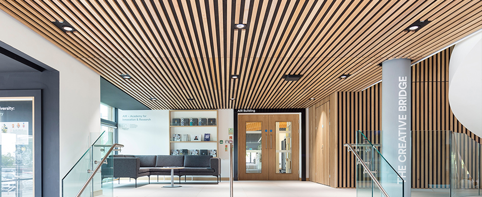 Slatted timber acoustic ceiling