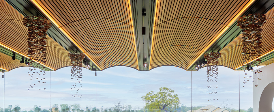 Slatted timber ceiling