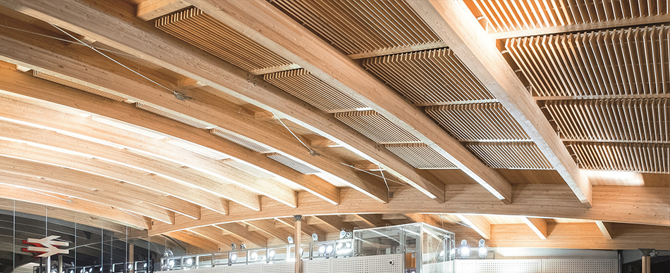 Slatted timber acoustic ceiling